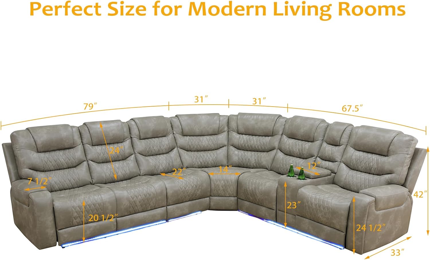 Power Recliner Sectional Sofa Set, Leather Electric Reclining Couch with LED Light & Cup Holders, Living Room Sectional Recliner Sofa with Loveseat, Power Reclining Seats(Grey) | U-shaped layout, multiple users, family gatherings, movie watching, electric reclining