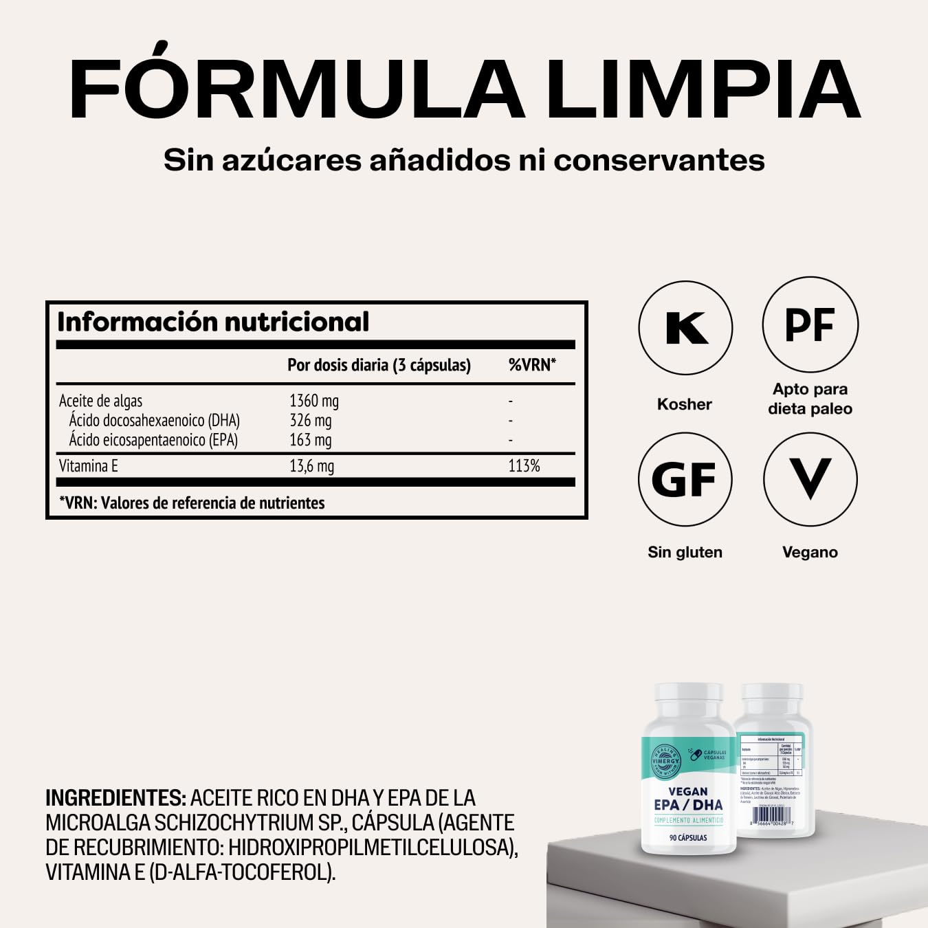 Vimergy Vegan EPA DHA (30 Dosis) – 270 Cápsulas – Omega 3 de Algas Marinas – Omega 3 EPA y DHA – Omega 3 Vegano en Cápsulas Blandas sin Gelatina – No GMO, sin Gluten - Kosher