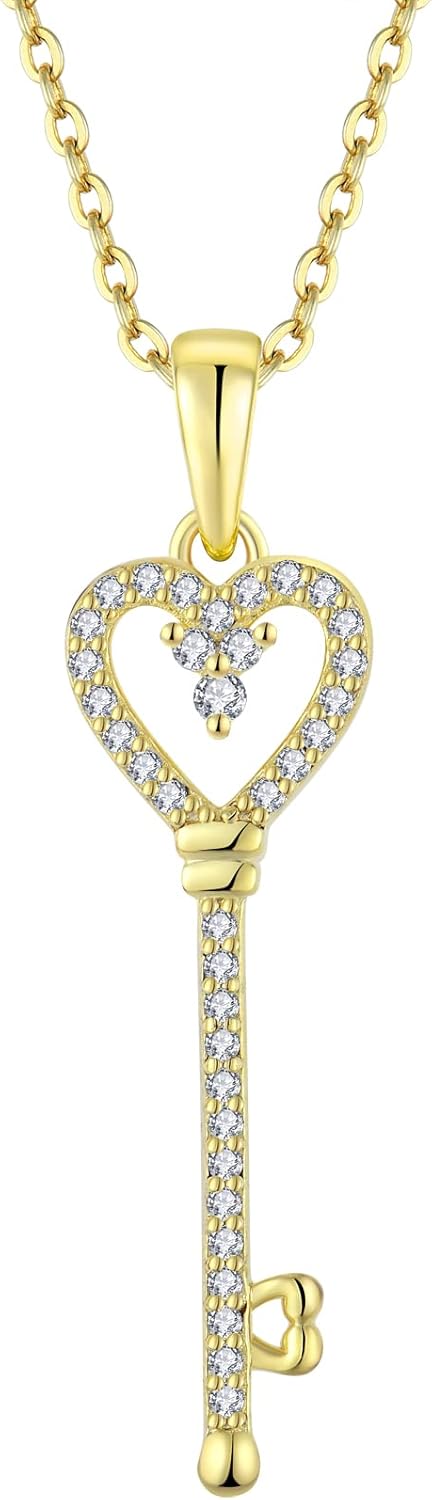 Aprila Women Necklace 925 Sterling Silver Heart Key Pendant Necklace with Cubic Zirconia Jewelry