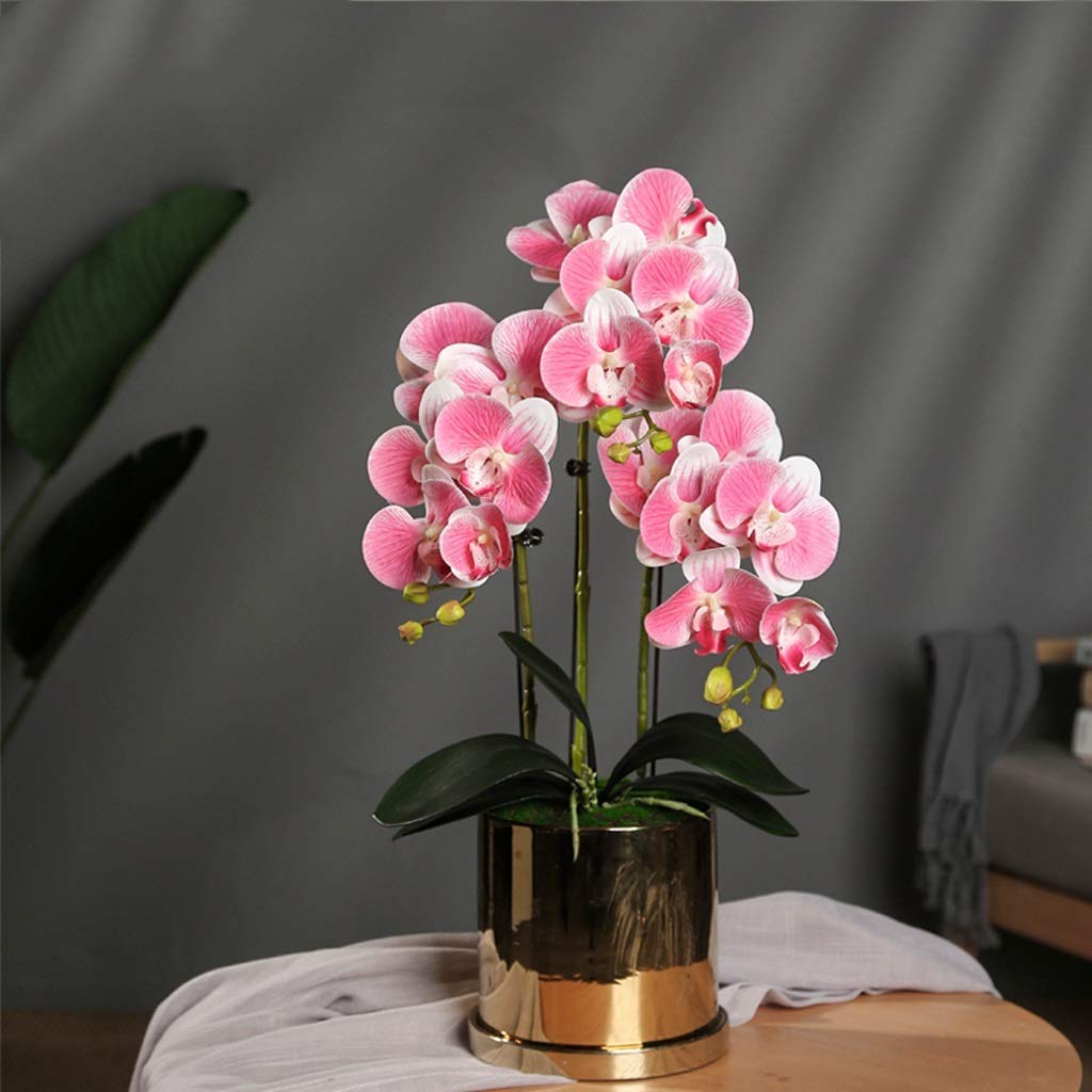 MYUYEE Artificial Flower Set, Artificial Flowers With Golden Pot Phalaenopsis Artificial Flower In Vase Fake Flower With Planter Potted Plants For Living Room Decoration,Style2
