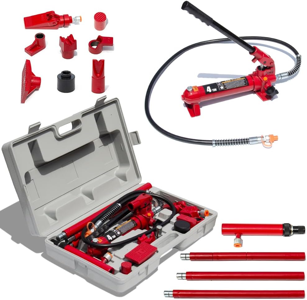 4 Ton Porta Power Kit - 8800lbs Capacity Auto Body Frame Repair Jack Kit - Portable Hydralic Jack Ram System with 3.9 ft Oil Hose for Car Repair, Truck, Farm