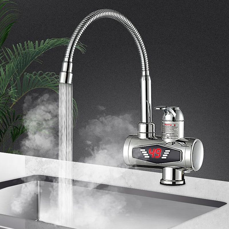 KLVN Grifo eléctrico para calentador de agua de cocina sin tanque de 3000 W, caliente/frío instantáneo, pantalla LED, boquilla flexible (fijación plateada)