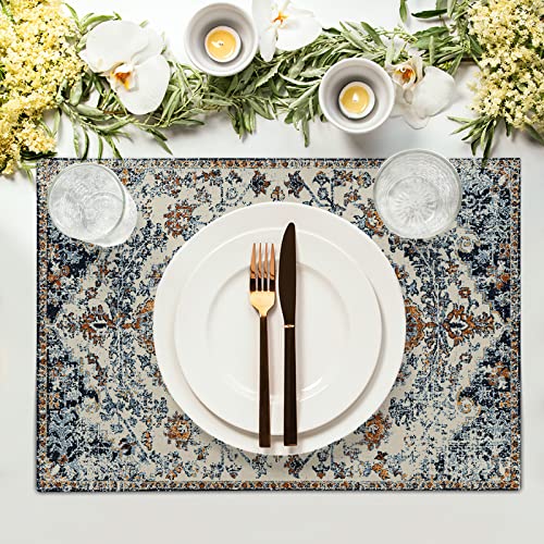 Image of Brown Navy Blue Ethnic Boho Placemats Set of 4 Bohemian Carpet Vintage Gold Black Tan Floral Linen Washable Kitchen Dining Table Mats Stain Heat-Resistant Desktop Place for Home Party 12x18 in