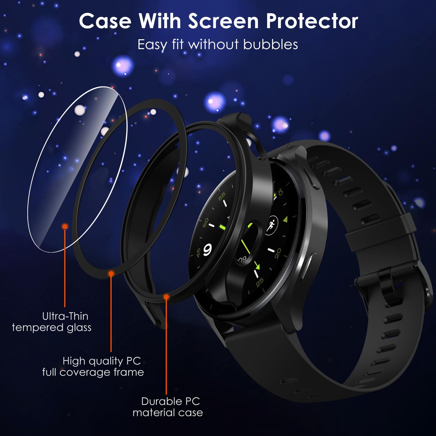 ivoler 3 szt. twarde etui PC ze szklaną ochroną ekranu do zegarka Xiaomi Watch 2, pełne pokrycie, ultracienkie, odporne na zarysowania etui ochronne, 2 przezroczyste + 1 czarny