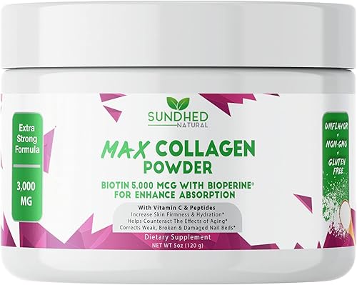 Max Collagen Plus C (suministro para 30 días) – Polvo de colágeno natural con biotina y bioperina para aumentar la hidratación antienvejecimiento y
