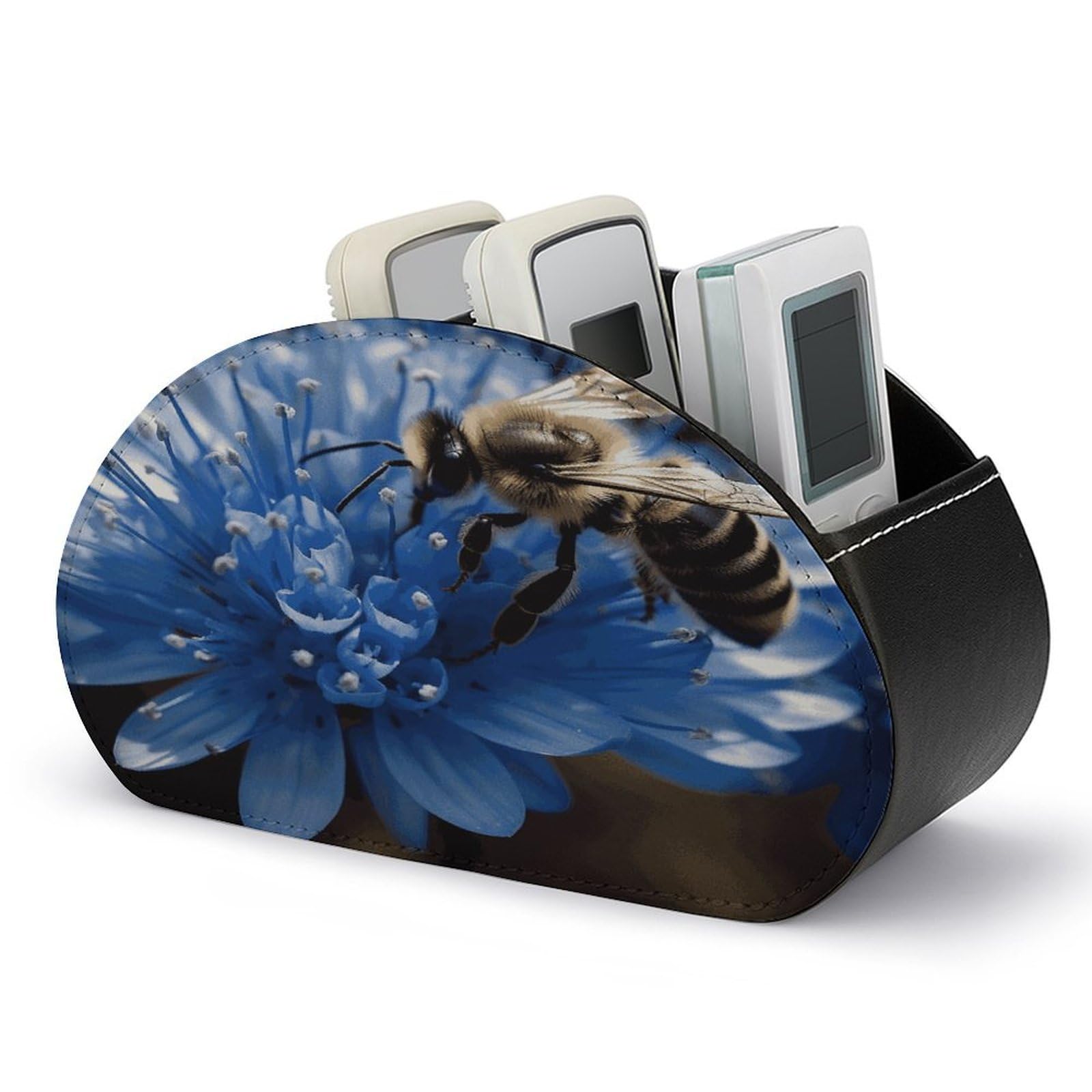 JTREHY Blue Flower Bee Remote Control Holder 5 Compartments Remote Caddy Tray PU Leather TV Remoter Storage Box Bedside Table Storage Organizer Office Desk Storage Case