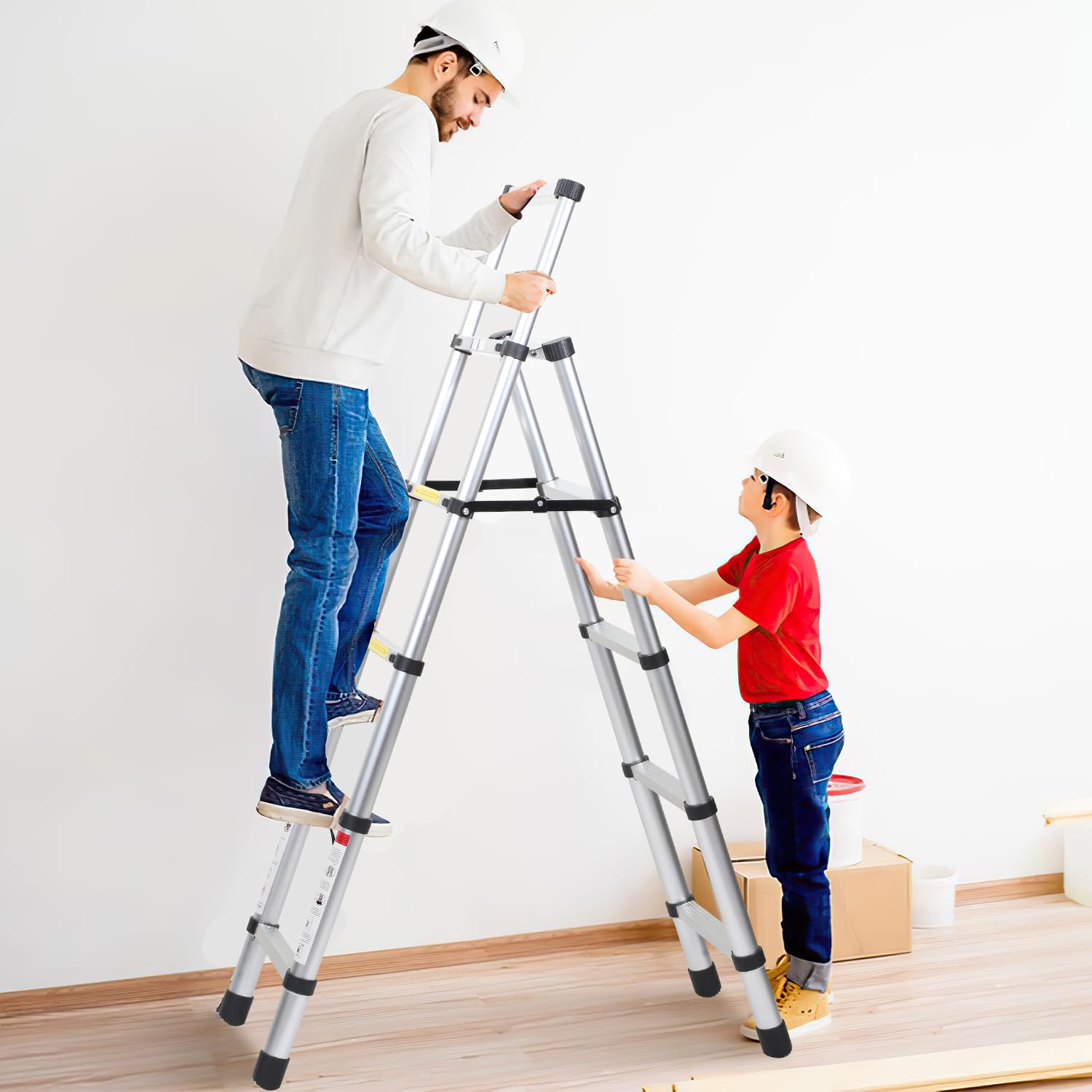 Fiqops Składana drabina teleskopowa 1,7 + 2 m, rama A, 5 + 6 szczebli drabina aluminiowa, antypoślizgowa drabina aluminiowa ze stabilizatorem, drabina wielofunkcyjna, maksymalna nośność 150 kg