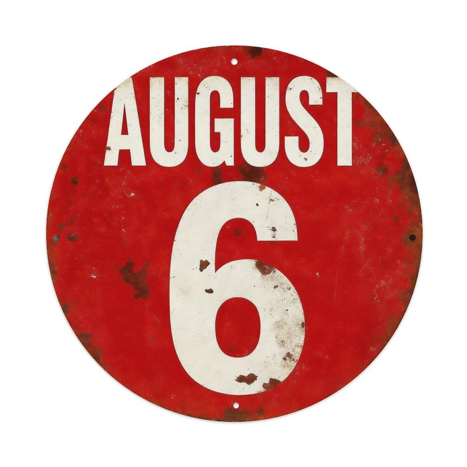 August Six Red Circle Sign Round Tin Sign Vintage Metal Poster Retro Bar, Home, Man Cave, Kitchen, Laundry Room Wall Art Decor Gift 8x8Inch