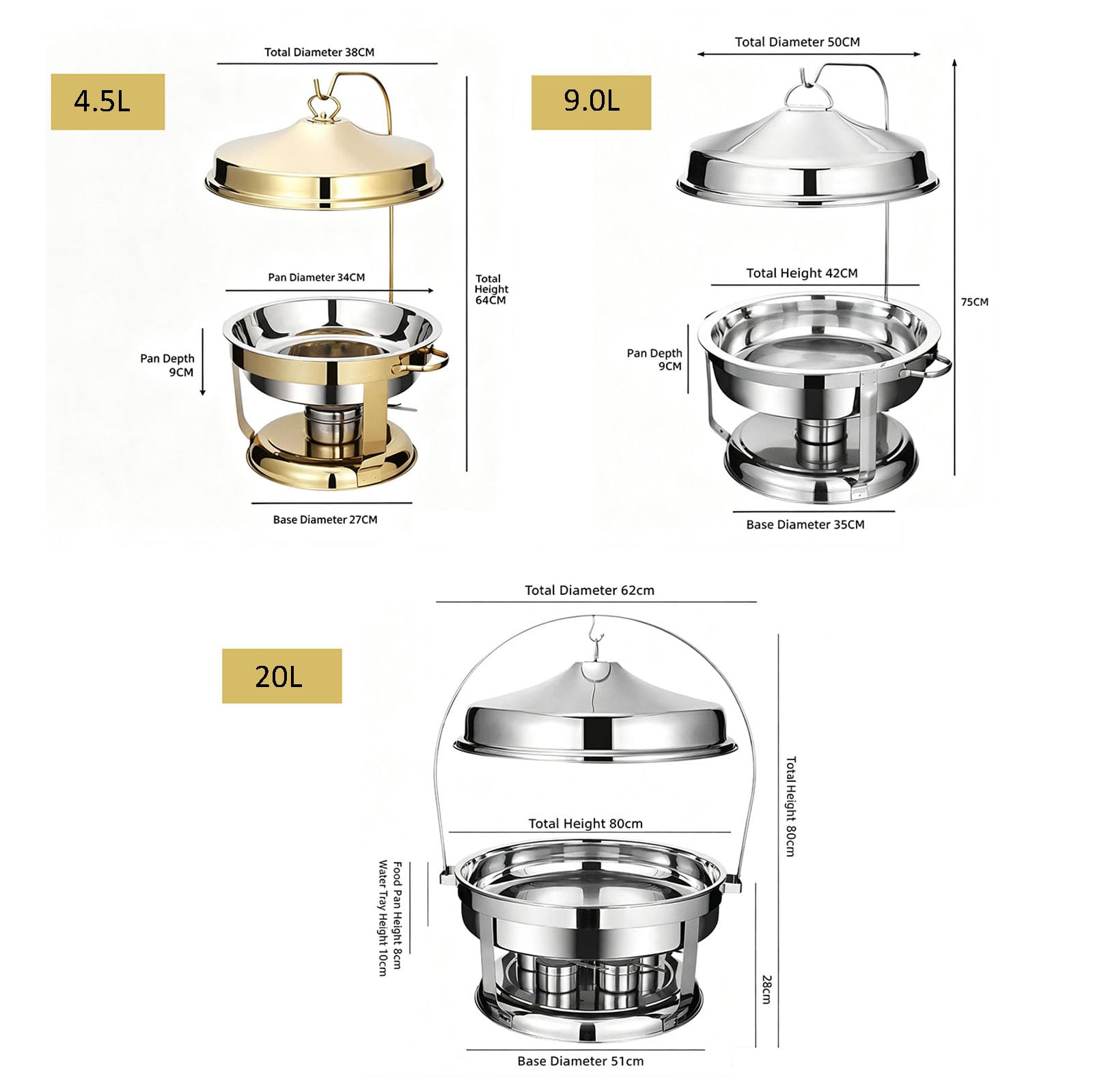 Calentadores De Alimentos De 9 litros para Buffet (9L,Sliver) | Soportes Para Combustible, Calentadores De Buffet Redondos Con Gancho, Para Bodas, Hoteles, Fiestas Y Banquetes