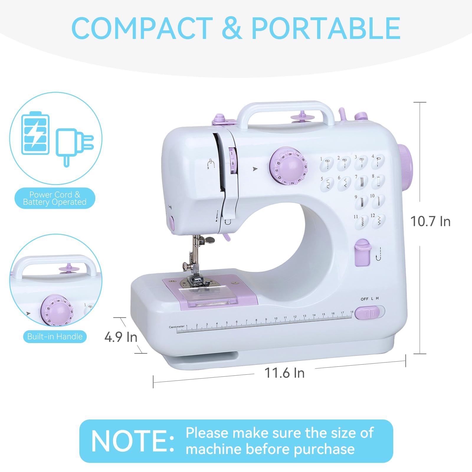 Qoosea Mini máquina de coser para principiantes, portátil con 12 puntadas y doble velocidad, pedal de pie y kit de accesorios de costura para reparaciones rápidas y manualidades