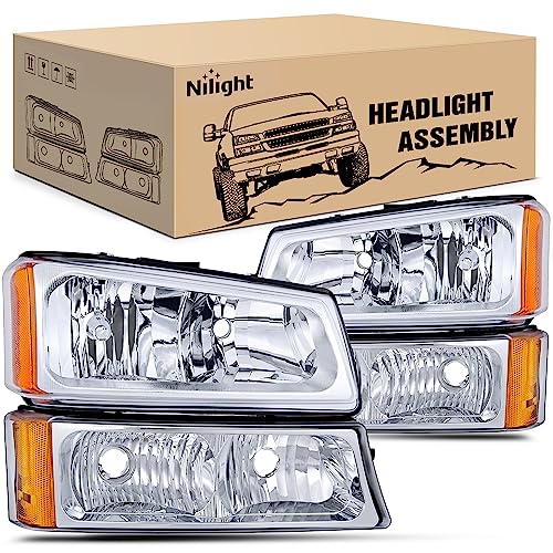 Image of Nilight Headlight Assembly for 2003 2004 2005 2006 Chevy Silverado Avalanche 1500 1500HD 2500 2500HD 3500 Chevrolet Pickup Replacement Headlamp Housing Bumper Lamp Set