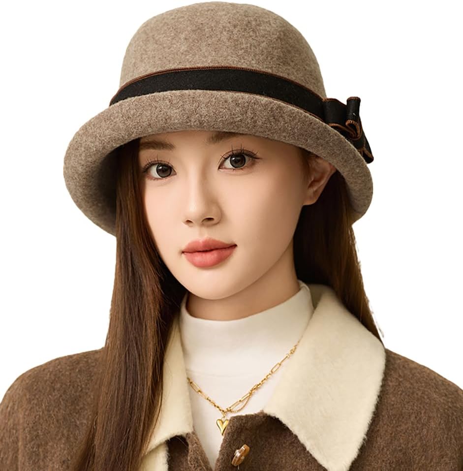 Women Vintage Felt Cloche Hats Winter Fall Solid Fedora Bucket Caps Elegant Bowler Hat Bowknot