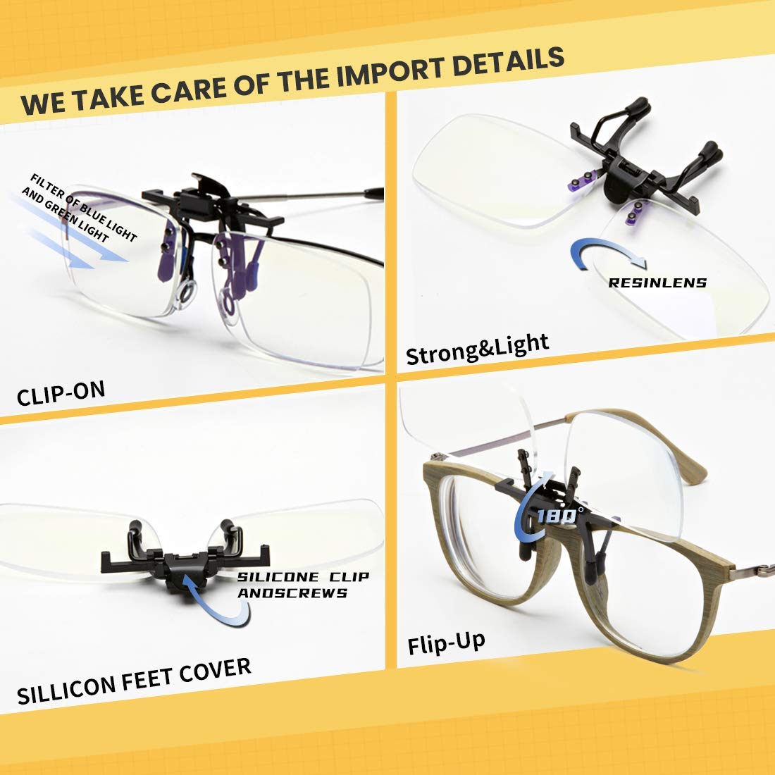 Lentes de bloqueo de luz azul con clip, filtro de luz azul, gafas de juegos para computadora, marcos de protección ocular unisex (día y noche, regular)