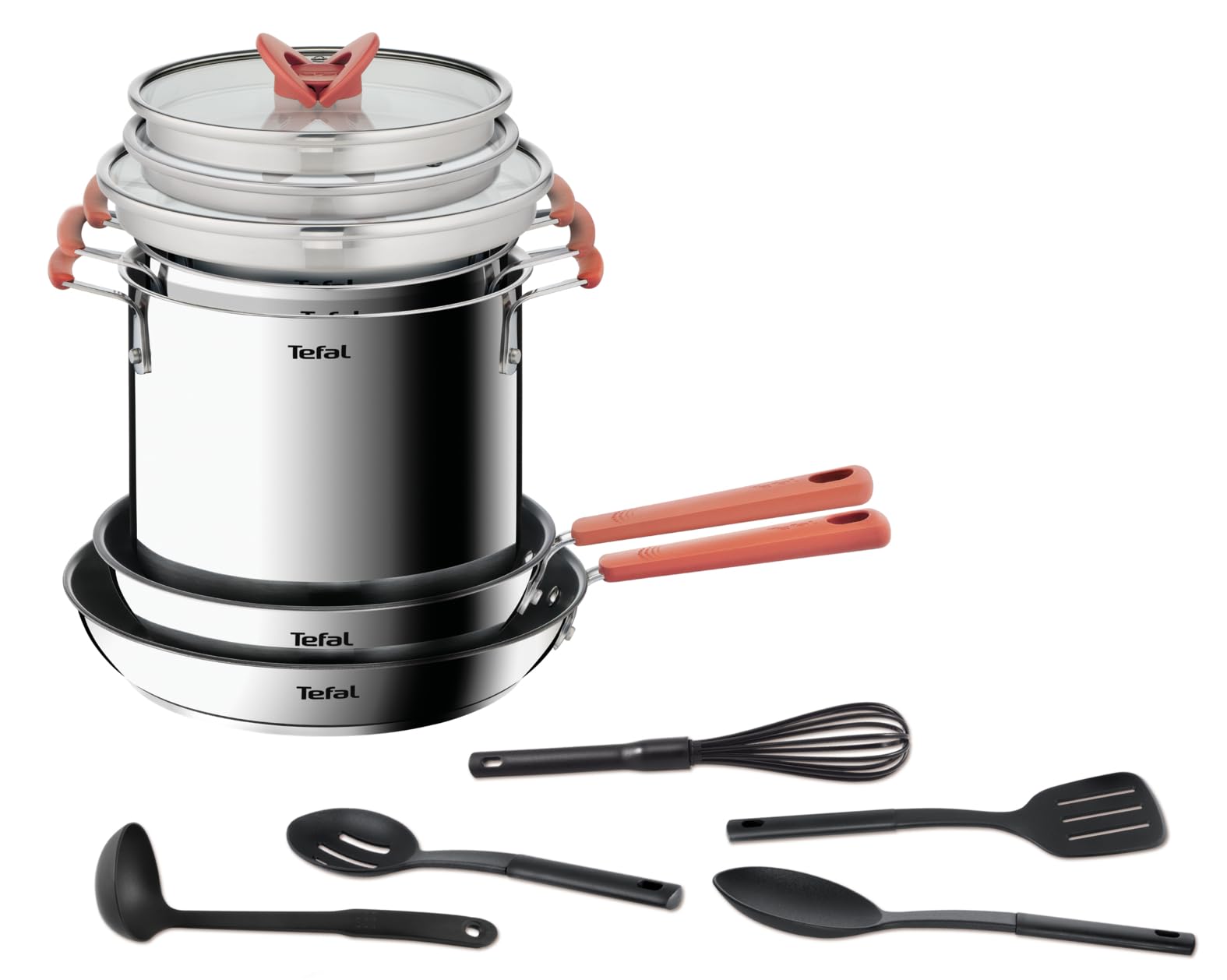 TEFAL G721SD74 Opti'Space Zestaw Garnków i Patelni, układanie stosy, stal nierdzewna 18/10, dno Thermo-Fusion, do każdej kuchenki, skala pojemności, nienagrzewające uchwyty, 13 elementów, srebrny