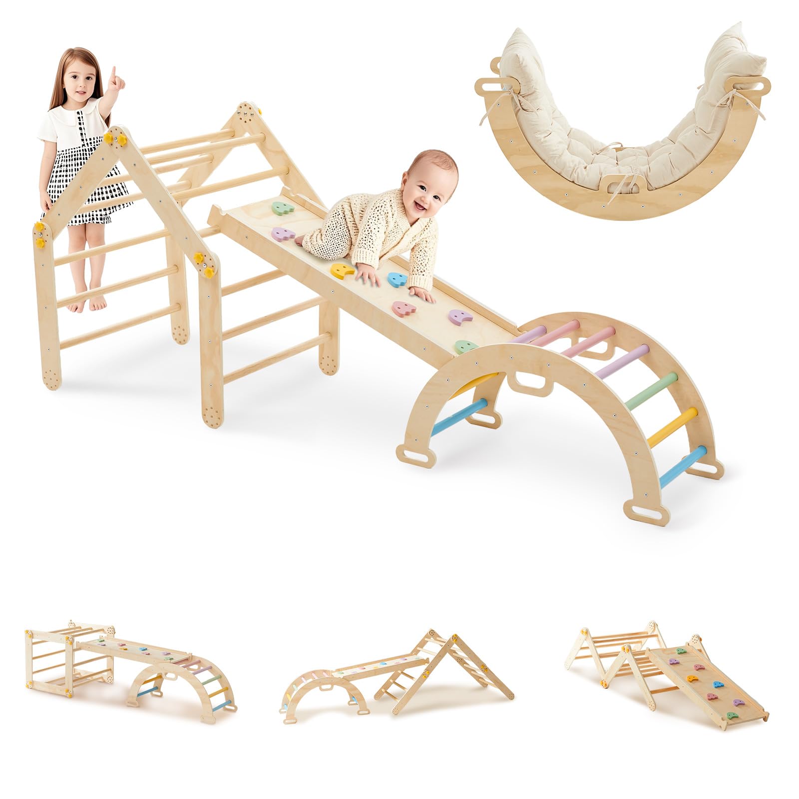7-in-1 Montessori Klettergerüst Indoor ab 1 Jahr - Kletterdreieck mit Rutsche, Kletterbogen mit Kissen, Pikler Dreieck Baby Klettern Indoor Spielplatz Holz für Kinder und Kleinkinder