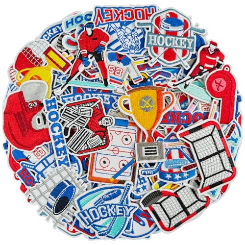 SYLVASS 48-Piece Hockey Iron On Patches, Embroidered Hockey Appliques for Clothing, Backpacks, Hats, Jerseys, Jeans DIY​ Accessory