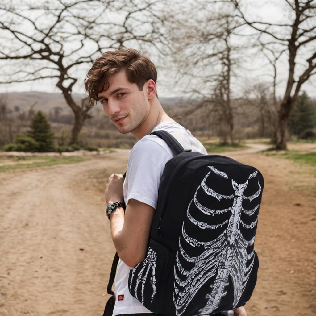 Punk Skull Black Vintage Backpack Gothic Ribcage Skeleton Laptop Bag EMO Backpack for Men and Women