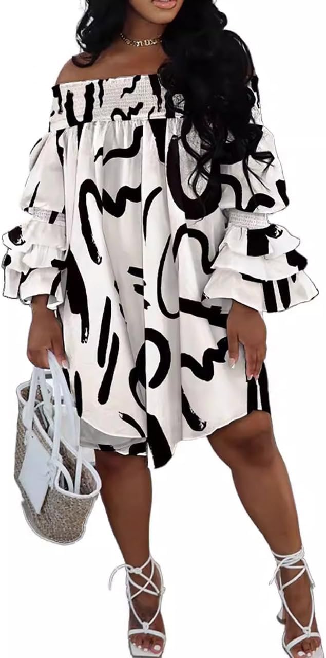 WOKANSE Women's Casual Plus Size Shirred Dresses Off Shoulder Bell Sleeves Ruffle Loose Stretchy Neck Midi Dress