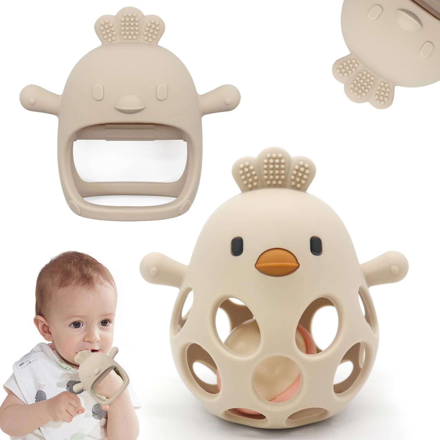 Baby Teething Toys & Easy Grasp Rattle Toy 2 Pack, Bell Toys Toddler Sensory Teether Toys for Babies 0-12 Months (Beige)