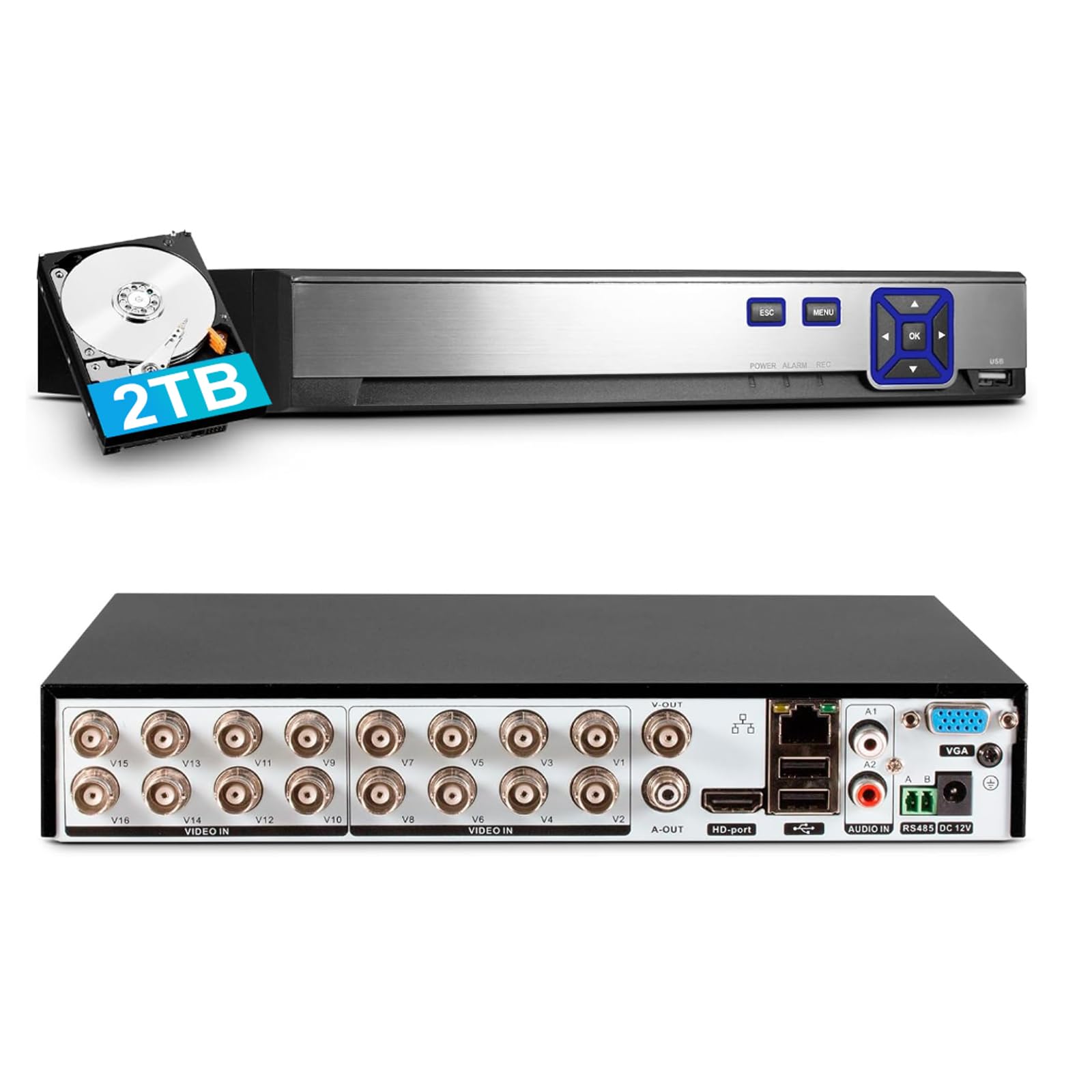 KERUI 16 Channel Security Recorder DVR Supports 5MP Hybrid 5-in-1 AHD/TVI/CVI/CVBS/XVI Analog Camera DVR with Human Detection, Remote Access 24/7 Recording(Pre-Installed 2TB Hard Drive)