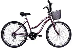 Bicicleta Feminina 26 Beach Violeta de 18 Velocidades com Aros duplos, Pneus Slik e Cesta- Dalannio Bike