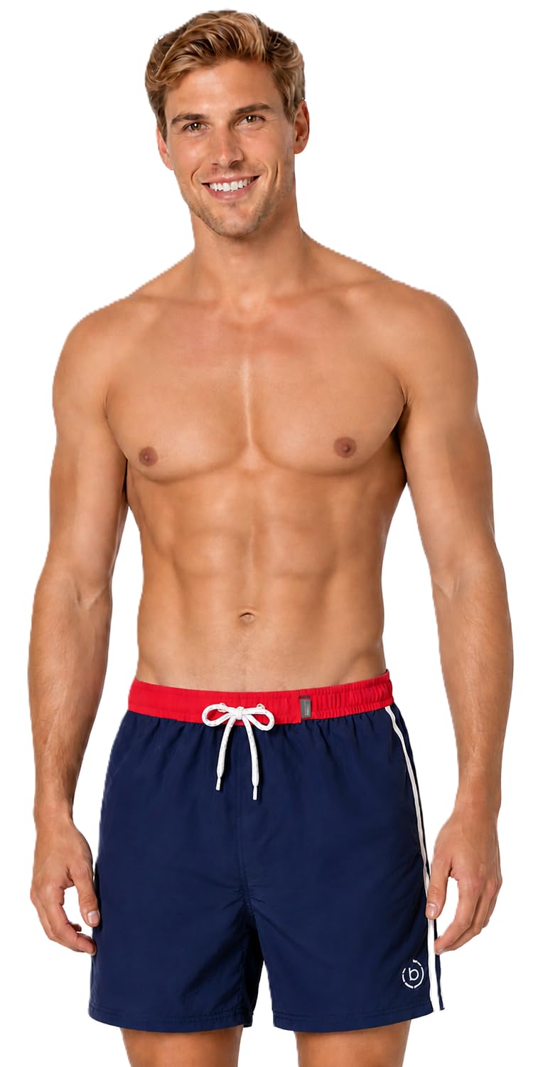 bugatti® - Modern men's swimming shorts in red, turquoise, navy and green with attractive contrasting colour on the waistband, Navy/red, M