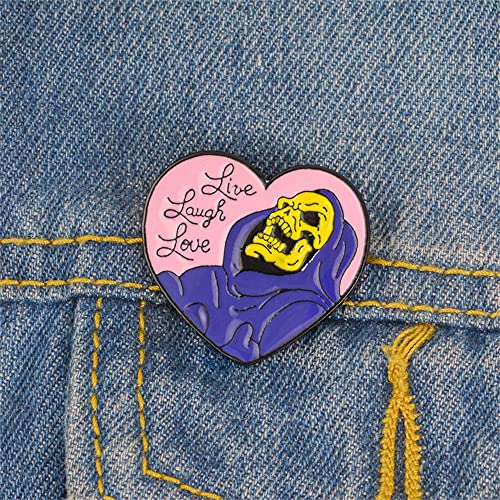 Image of COLORFUL BLING Live Laugh Love Enamel Pin Heart Shape Skeleton Horror Mushroom Flower Skull Badge Brooch Lapel for Jeans Shirt Bag Gothic Jewelry Giftfor Friend Halloween Decoration Brooch