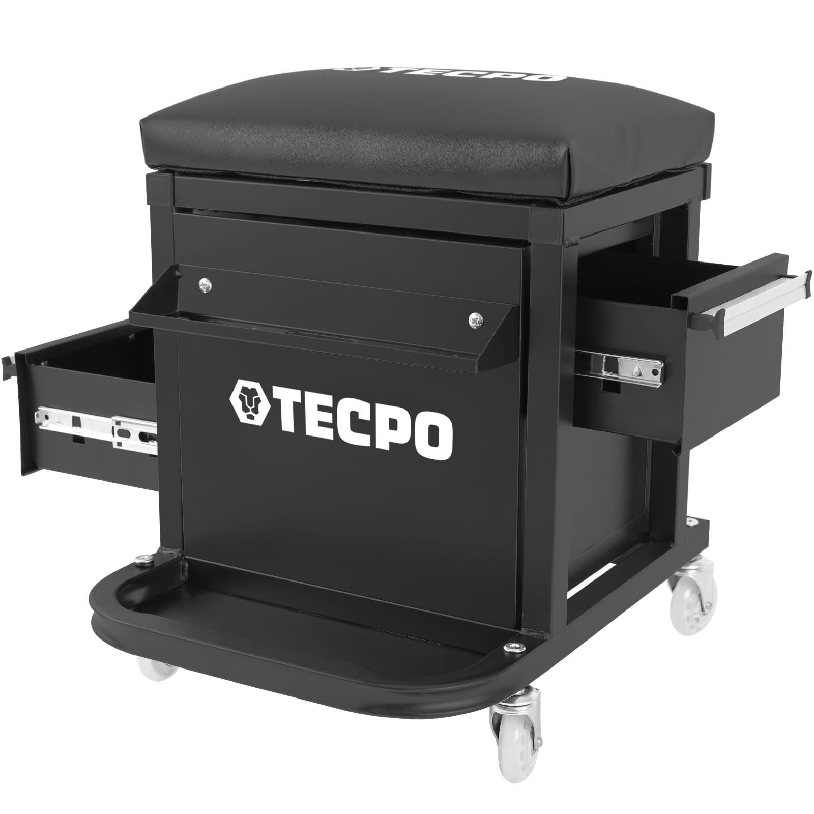 TECPO Werkstatthocker Rollhocker mit 150kg Tragkraft, Schubladen, Ablage Fächer, höhenverstellbar Arbeitshocker Werkstattsitz Werkstattstuhl Montagehocker Werkstattrollsitz