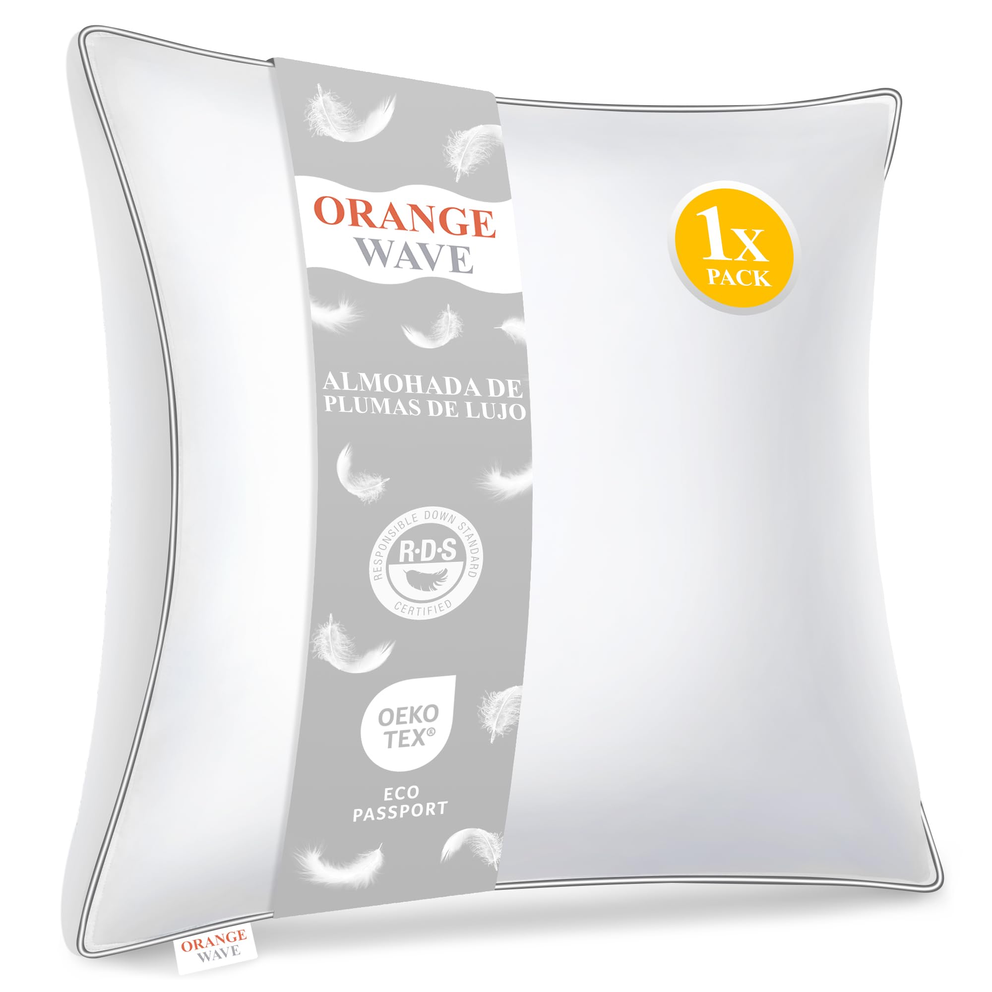 Orange Wave Almohada de Plumón 60x60 cm, Almohadas de Cama, 3 cámaras, Certificada RDS y Oeko-Tex, Transpirable y Antialérgica, Almohada de Calidad Hotelera, Lavable a Máquina