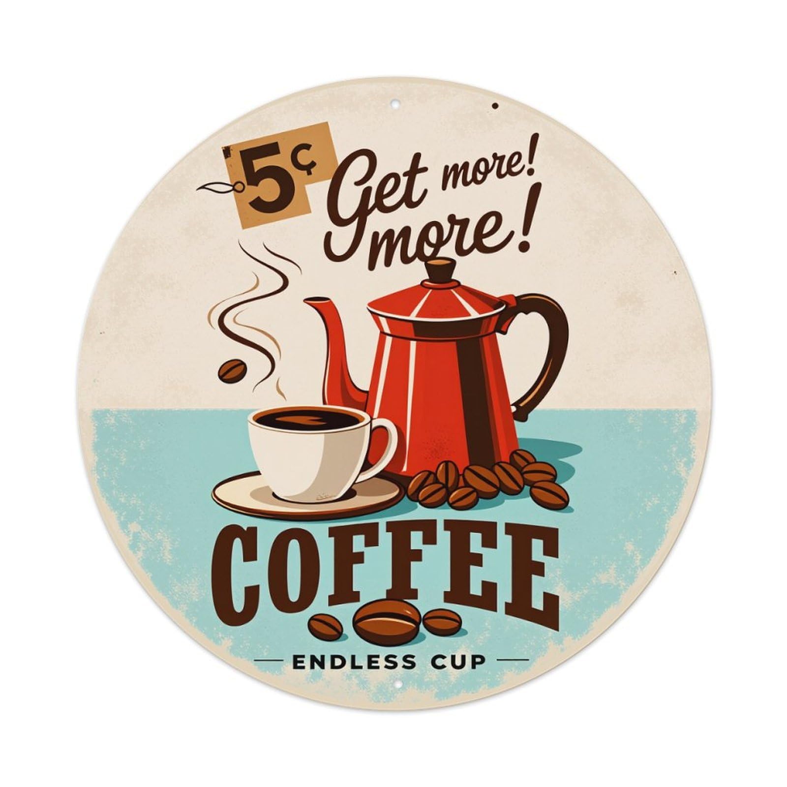 Coffee Cup Kettle Beans Steam Round Tin Sign Vintage Style Metal Sign Home Bar Garden Wall Plaque Decor Metal Poster 8x8 Inch