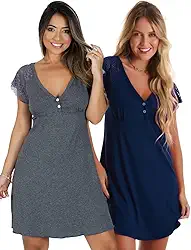 Kit com 2 Camisolas em Viscose com Detalhes Renda Estilo Camiseta Noite Dormir Amamentação Maternidade