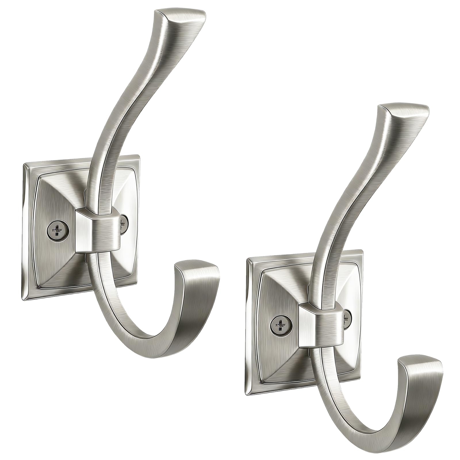 Yundoza Brushed Silver Nickel 2 Pack Towel Hooks For Bathroom, Screw In Metal Door Hooks For Coat Robe Keys Bags(Brushed Silver Nickel)