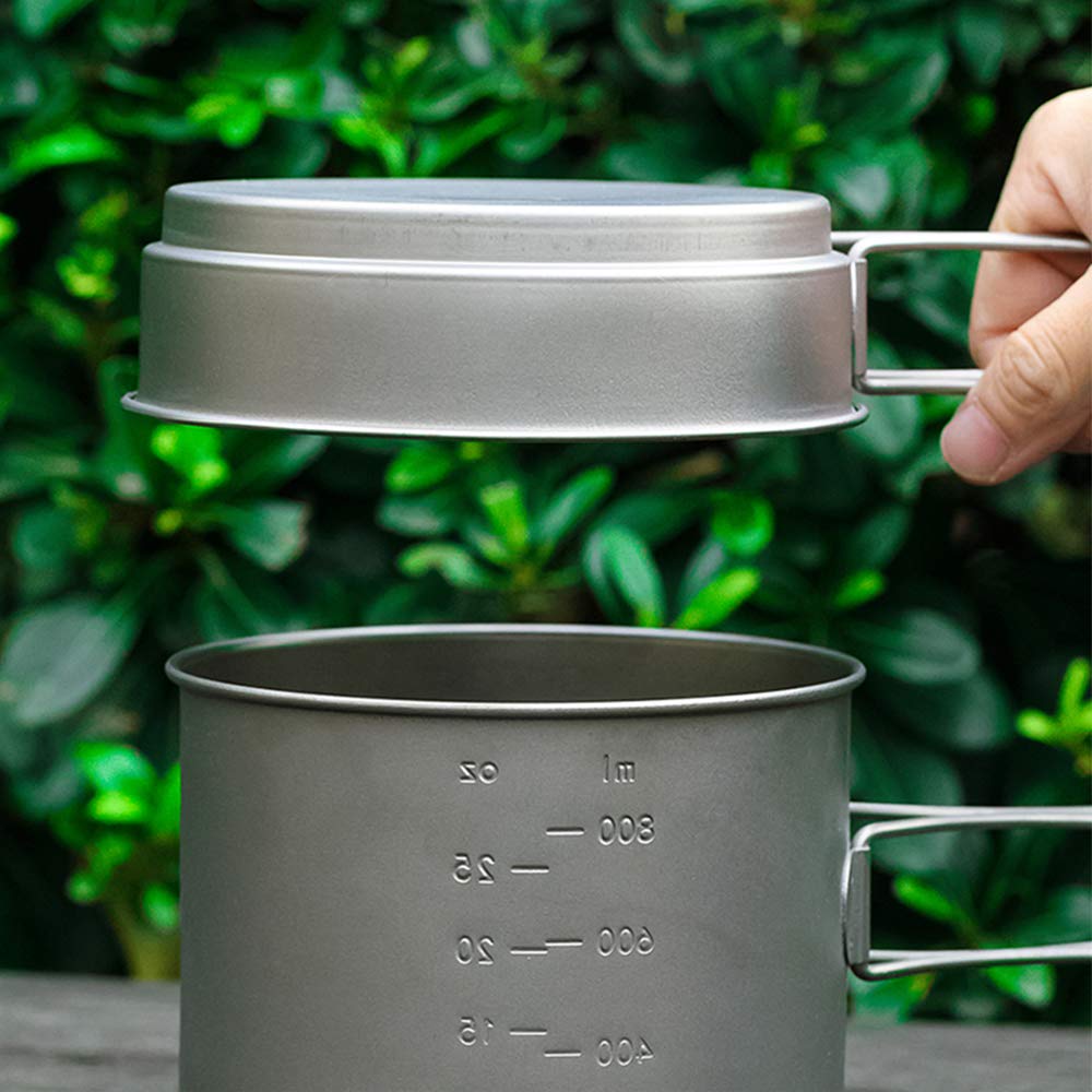 Lixada Zestaw garnków z czystego tytanu, 1100 ml / 1600 ml + patelnia 350 ml / 500 ml, Φ125 x 102 mm, ze składanym uchwytem, na kemping, wędrówki (1600 ml + patelnia)