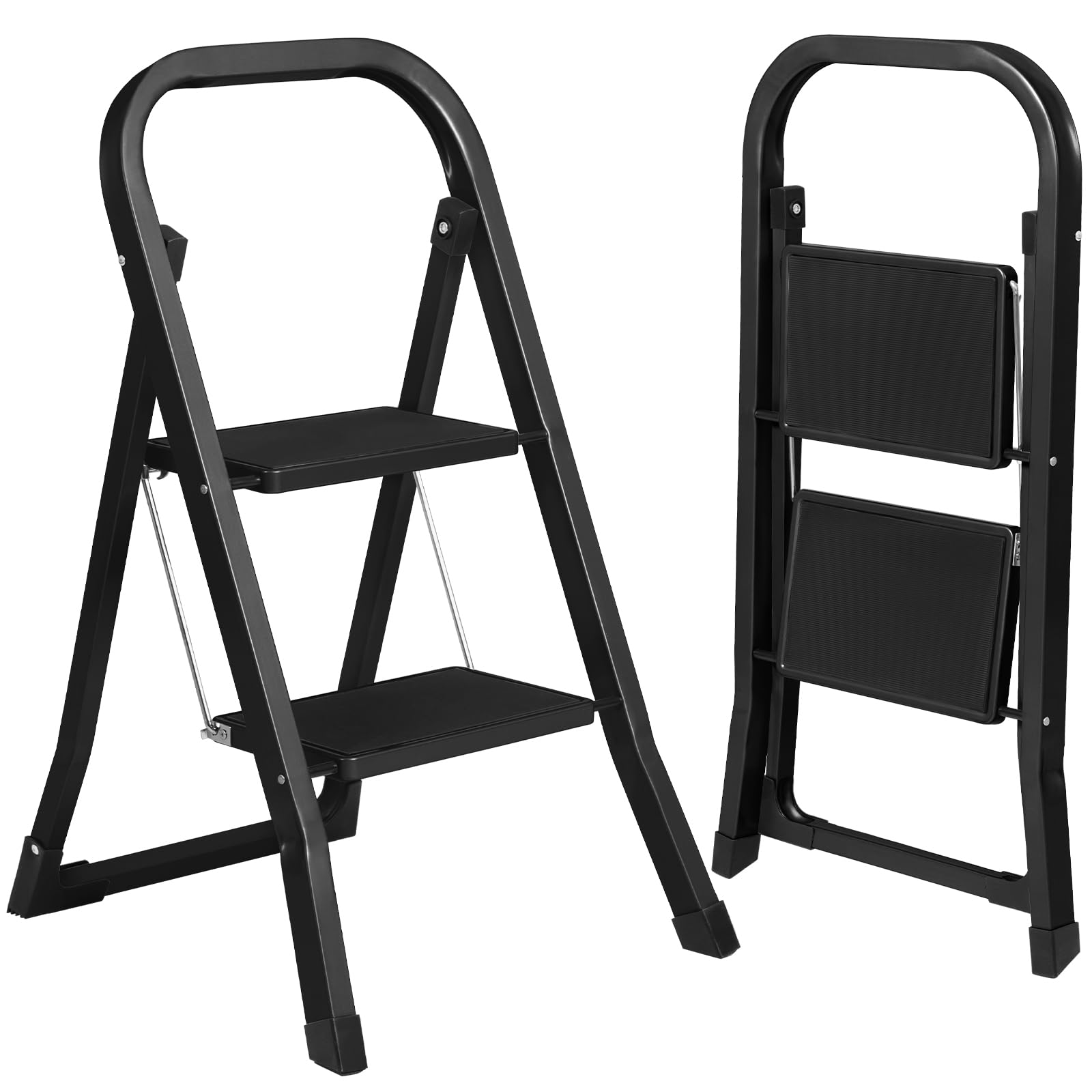 AMHANCIBLE Trittleiter, Leiter mit 2 Stufen, bis 150 kg belastbar, Klapptritt mit breitem Anti-Rutsch-Pedal und Klappsicherung, Einfach zu verstauen, Perfekt für Küche & Haushalt, Schwarz EBSL02BK