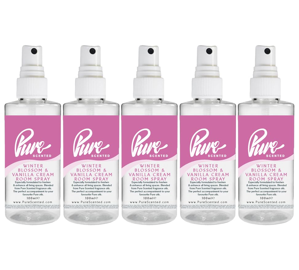 Pure Scented 500ml Room & Fabric Sprays 5 x 100ml Suitable For Home, Car, Caravan, Work, Gym Bags, Odour Eliminators (5 x 100ml, Winter Blossoms & Vanilla Cream)