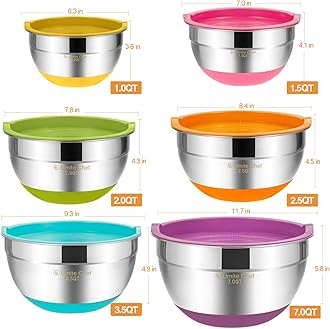 Umite Chef Mixing Bowls with Airtight Lids, 6 piece Stainless Steel Metal Bowls , Measurement Marks & Colorful Non-Slip Bottoms Size 7, 3.5, 2.5, 2.0,1.5, 1QT, Great for Mixing & Serving