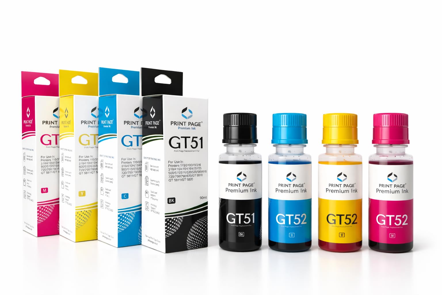print page gt51/gt52 premium refill ink compatible for ink tank 115, 310, 315, 319, 410, 415, 416, 419, 455, 500, 515, 530, 615,gt 5810/5811/5820 (4 color combo) (black - 90ml, c/y/m - 70ml each)