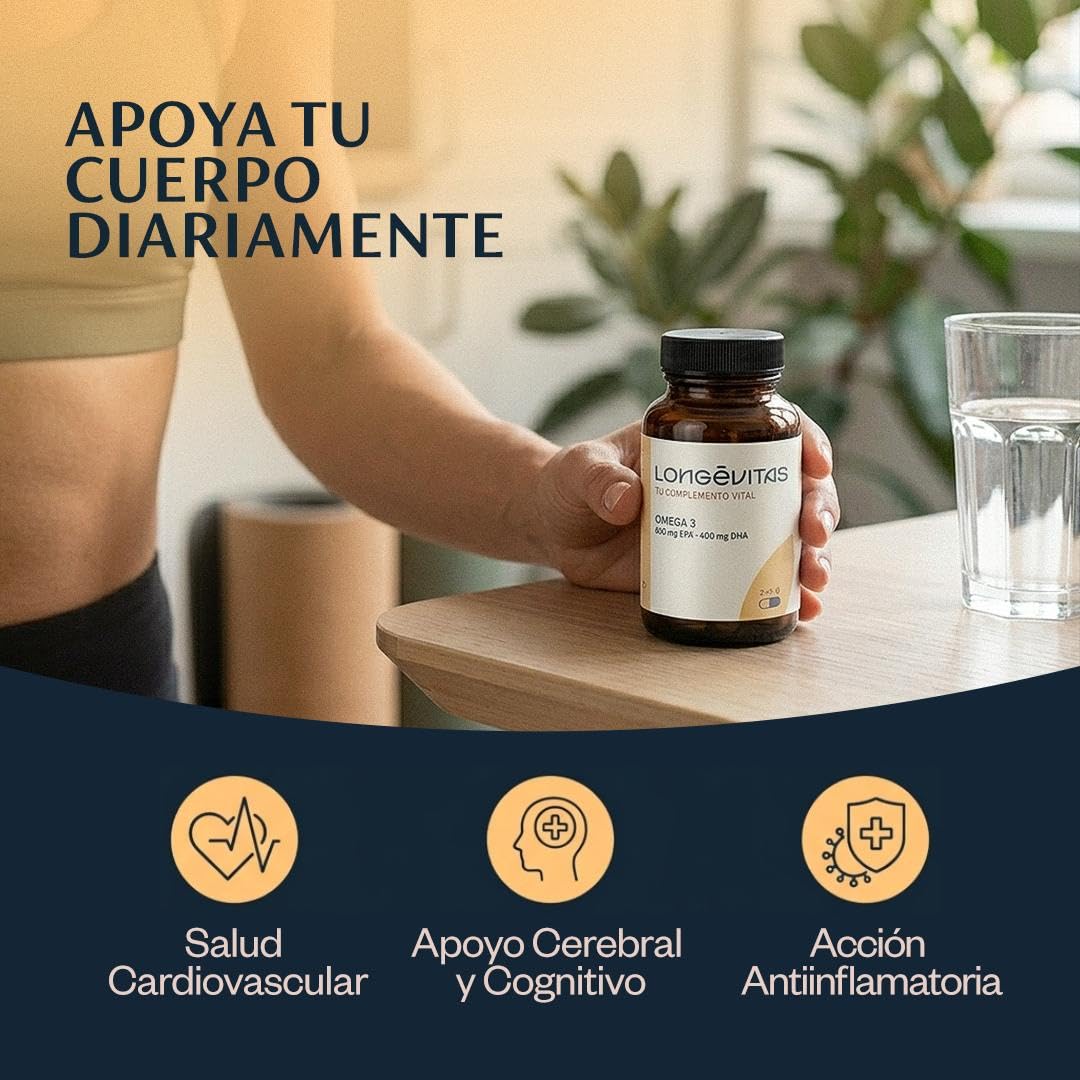 Longévitas Omega 3 Cápsulas EPA 600mg DHA 400mg, 80% (60 Cápsulas) | Alta concentración 80% EPA+DHA por cápsula, Vitamina D incluida, Fabricado en España, 1 mes suministro