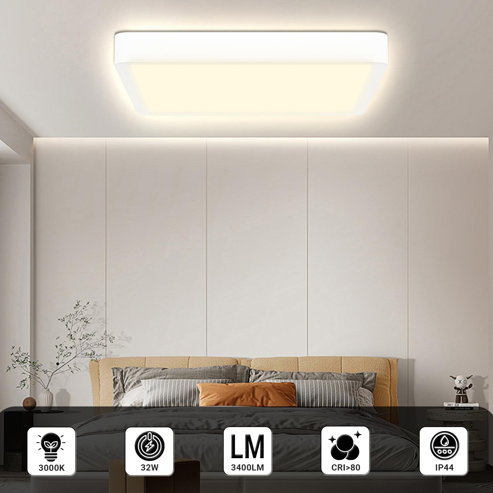 LQWELL® Deckenleuchte LED Deckenlampe, IP44 Wasserfest Badlampe Quadrat Flach 32W 3000K 3400LM Modern Schlicht Lampe Dünn für Wohnzimmer Badezimmer Schlafzimmer Küche Balkon Keller Büro, 400 * 25mm
