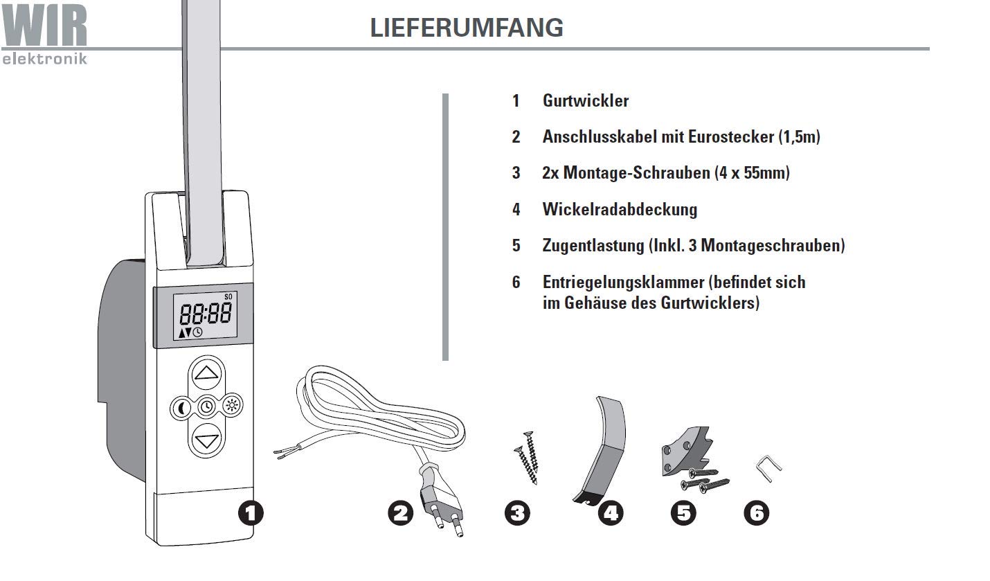 WIR elektronik eWickler Comfort eW820, elektrischer Rollladen-Gurtwickler Unterputz, mit Display, für 17–23 mm Gurtband, automatische Fahrzeiten