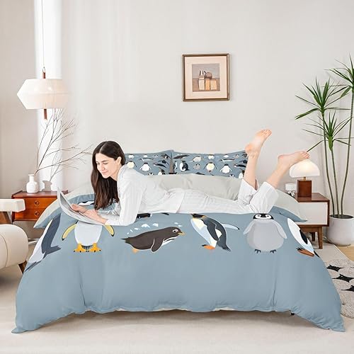 Miniatura 4 de Erosebridal Juego de ropa de cama de pingüinos, funda de edredón de animales antárticos para niños y niñas, funda de edredón estilo caricatura,