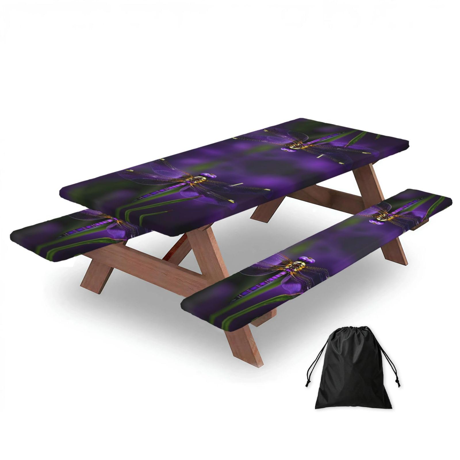 Zyjhyy Black Purple Dragonfly Print 3 Pack Wipeable Picnic Bench Cover And Table Cover Lightweight Table Cloth For Camping Outdoor