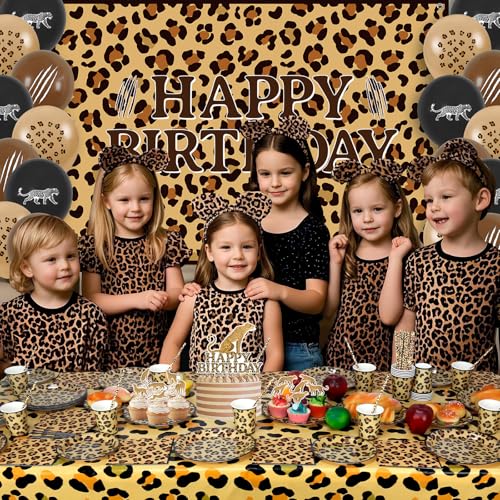 Gepard Geburtstag Dekorationen Leopard Print Party Supplies einschließlich Happy Birthday Backdrop Geschirr Tischdecke Luftballons für Dschungel-Safari Print Party Baby Shower, serviert 20