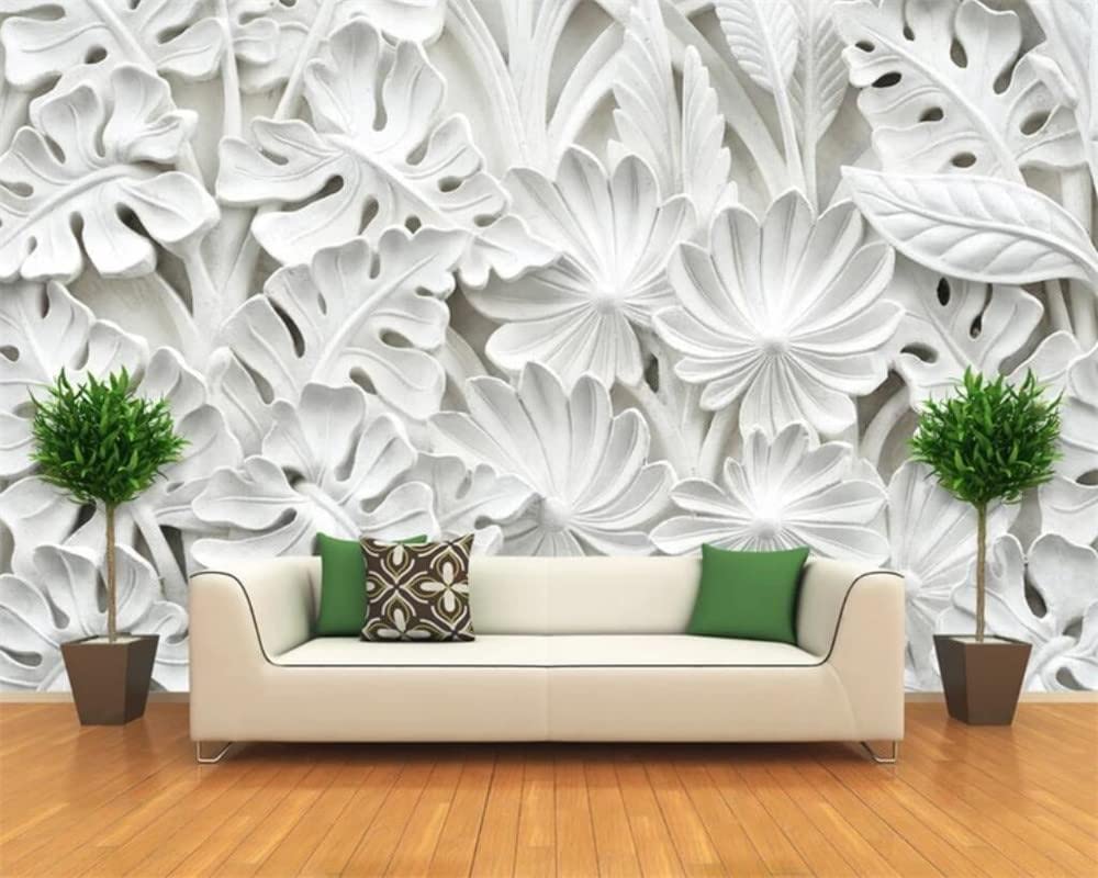 Fototapeta - Fototapeta 4D Diy Duży nordycki liść Plaster Relief Wzór Mural do salonu Sypialni, Wodoodporne naklejki ścienne Wystrój domu Tv Sofa tło, 330 cm (szer.) x 210 cm (wys.)
