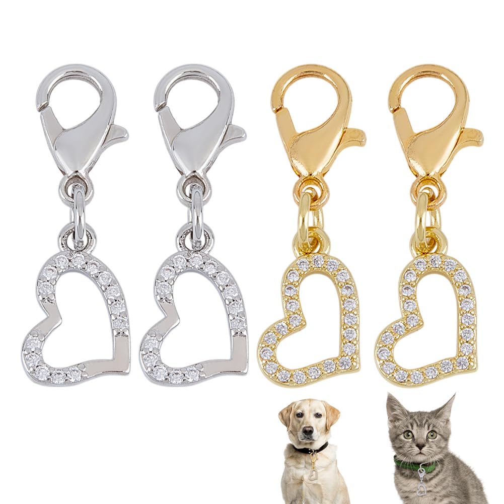 DELORIGIN 4pcs Heart Collar Pendants for Cat Dog Valentine Charms Brass Rhinestone Pet Collar Pendants Clip-on Charms for Bag Decor Keychain Pet Necklace Jewelry Making Training Home Decor