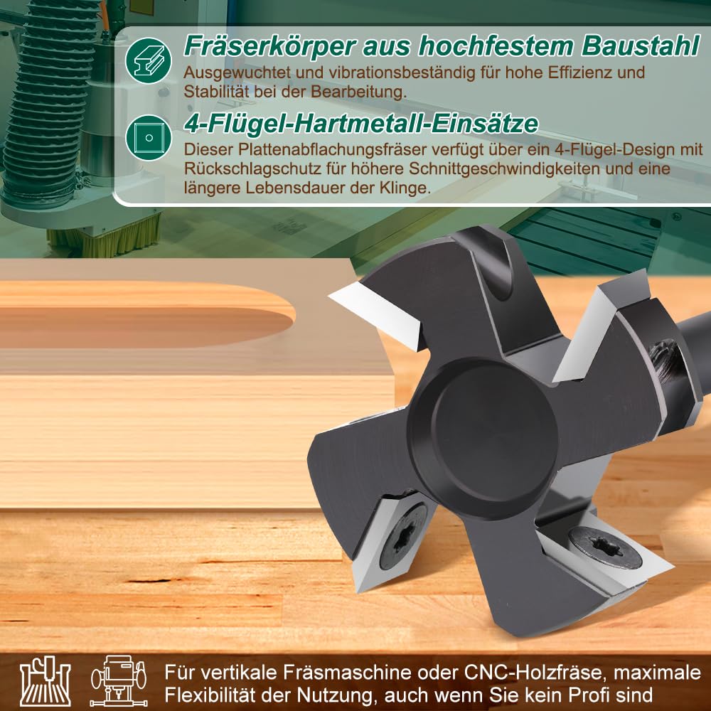 Fraise à planer pour défonceuse avec tige de 8 mm - Diamètre de coupe 40 mm - Équipé de 4 lames interchangeables en carbure de tungstène de 10,5 x 10,5 mm - Fraises pour planer, rainurer et