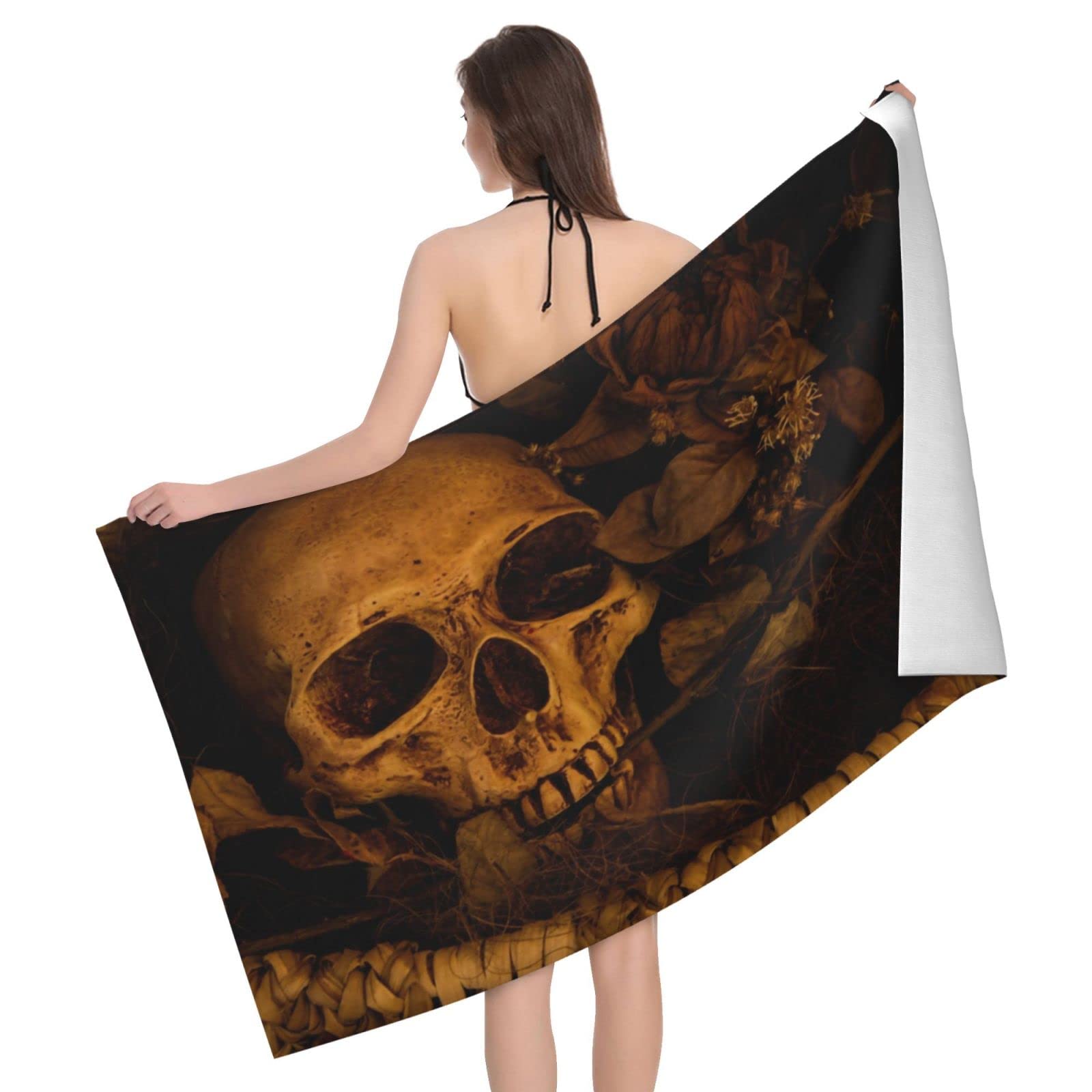 Lawenp Skull and Grass Beach Towel, Lightweight Sand Free Quick Dry Microfiber Absorbent Bath Towel for Kids, Adults, Swimming, Bath, Yoga, Pool, Travel, Camping 32"X52"