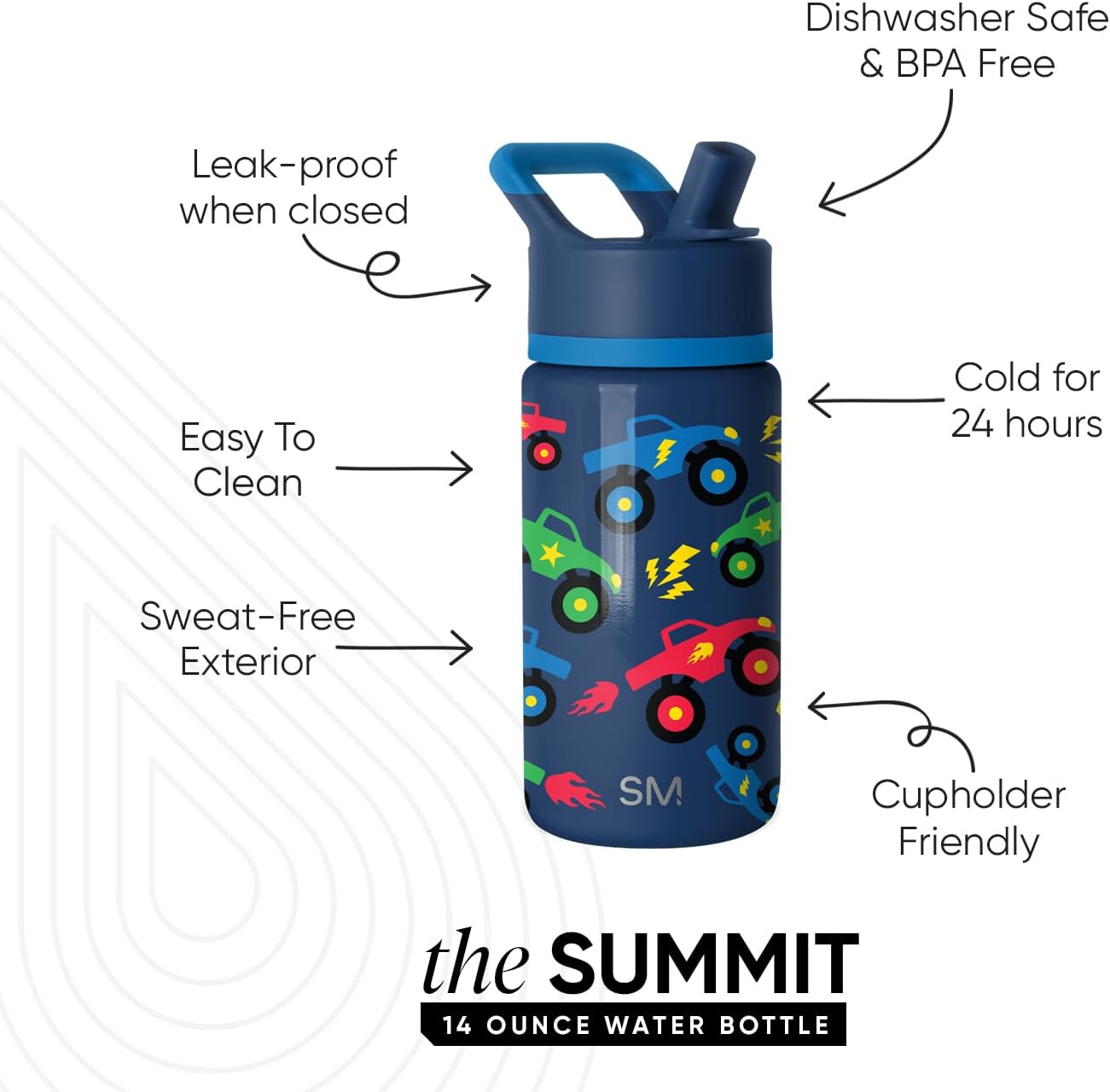 Simple Modern Kids Summit Water Bottle with Straw Lid | 14oz Stainless Steel Cup Insulated Tumbler Tumbler for Boys, School | Monster Truck Rally - Image 2