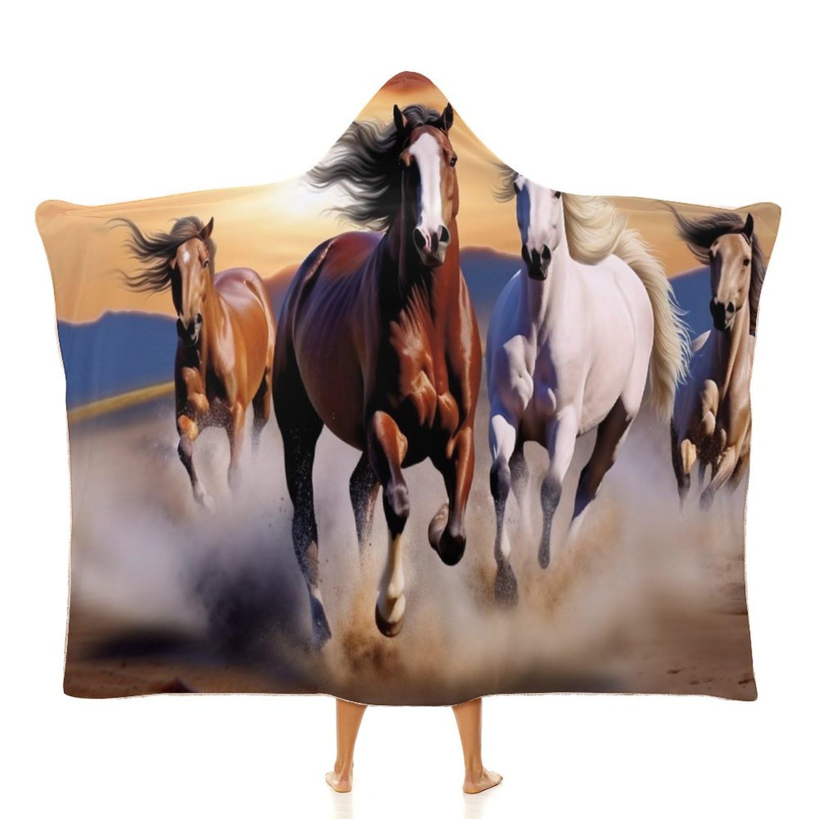 Nqlyut Women's Running Horses Blanket Hoodie Poncho Blanket Sweatshirt Wearable Blanket Wrap Functional Throw Blanket Wearable Blanket Hooded Throw Cape Gifts For Adults Bed Decorative,