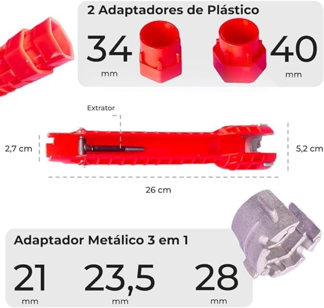 Chave Multifuncional 8 em 1 para Instalação de Torneiras e Pias, Kit Profissional com Acessórios, Vermelho
